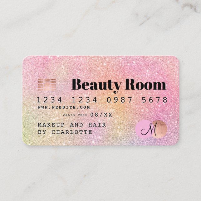 Kredit-kort, pastel glitter chic skönhetsmonogram visitkort (Framsida)