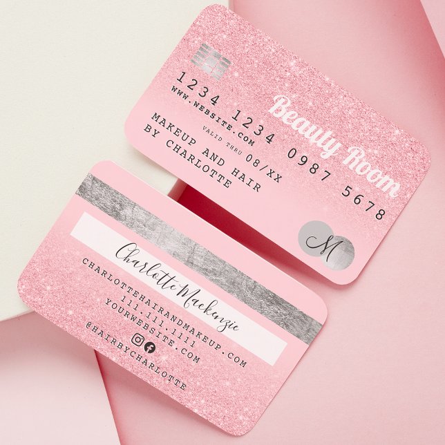 Kredit-kort, rosa glitter skönhet silver monogram  visitkort (Skapare uppladdad)