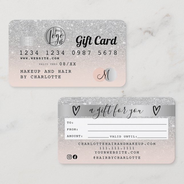 Kredit-kort silver glitter grått-presentkort för visitkort (Fram/baksida)