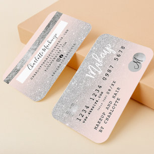 Kredit-kort silver glitter rosa monogram visitkort