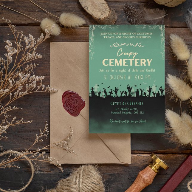 Kreepy Cemetery Polisted Gräs med blond accent Inbjudningar (Creepy Cemetery Polished Pine with Blond Accent Invitation Cover from The Beekeeper Store)
