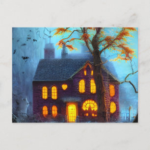 Kreepy House kant vid en kyrkogård Halloween Helg Vykort