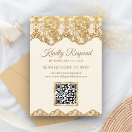 Krem Guld Folie Spets QR-kod RSVP Bröllopswebbplat Tilläggskort