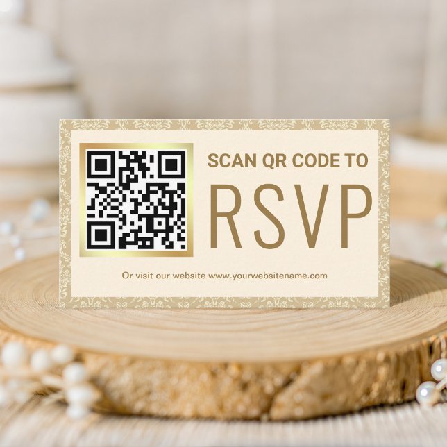Krem och guld Damask QR-kod RSVP Bröllopswebbplats Tilläggskort (Skapare uppladdad)