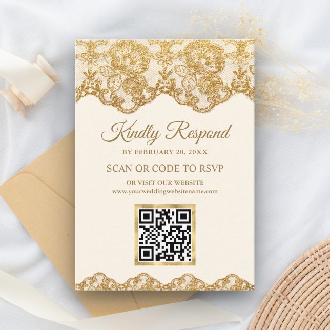 Kremgul Guld Folie Spets QR-kod RSVP Bröllopswebbp Tilläggskort (Skapare uppladdad)