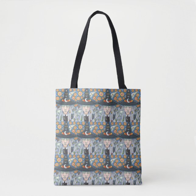 KREPY WITCH, EVIL ÖGA, SKULL, SHOULDER TOTE BAG TYGKASSE (Framsida)