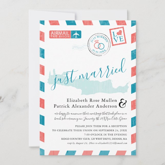 Kreta Grekland Antik Flygpost Bröllopsfest Inbjudningar (Framsida)