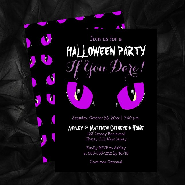 Kreta Lila Kat Öga Halloween fest om du är rädd Inbjudningar (Creepy Purple Cat Eyes Halloween Party If You Dare Invitation)