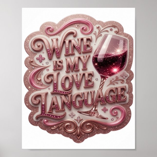 Krftig Rosa VIN ÄR MITT KÄRLEKSSPRÅK Bärbar Konst Poster (Framsidan)
