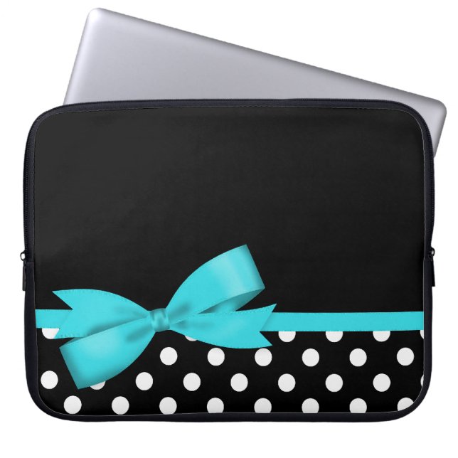 Krickablått bugar svartvit polka dots laptop fodral (Framsidan)