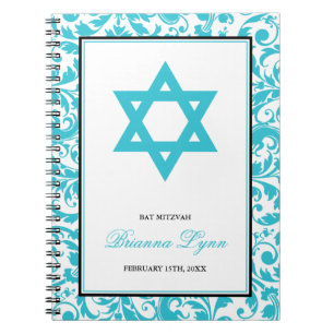 Krickablått virvlar runt den damastast bat mitzvah anteckningsbok med spiral