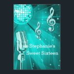 Krickadiskoboll och Retro mikrofonsweet sixteen Inbjudningar<br><div class="desc">Personlig eleganta beställnings- sweet sixteenfödelsedagsfest inbjudan för flickor. Härlig kricka- och vitdubbla sid sweet sixteeninbjudan för tonårs- flickor med en skraj retro diskospegelboll, utskrivavet avbildar glamoröst rhinestoneglitter, sequins, tänder sparkles den glittery musik noter för juvelsparkles/musik noter och en retro mikrofon för kall krickafärgvintage på en vibrerande krickaturkosblått och bakgrund. Chic...</div>