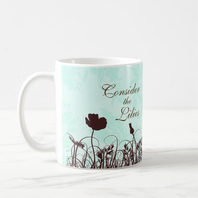 Krickan och bruntet betraktar liljarna det kristna kaffemugg (Vänster)