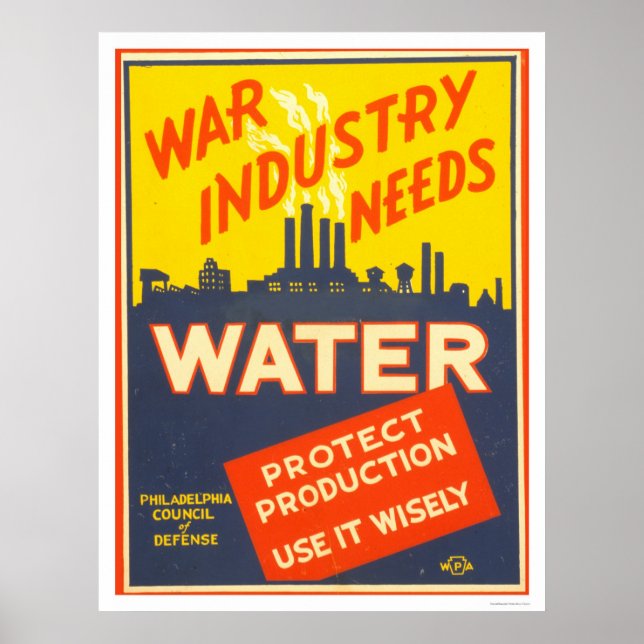 Krig Industri Vatten WWII 1943 WPA Poster (Framsidan)