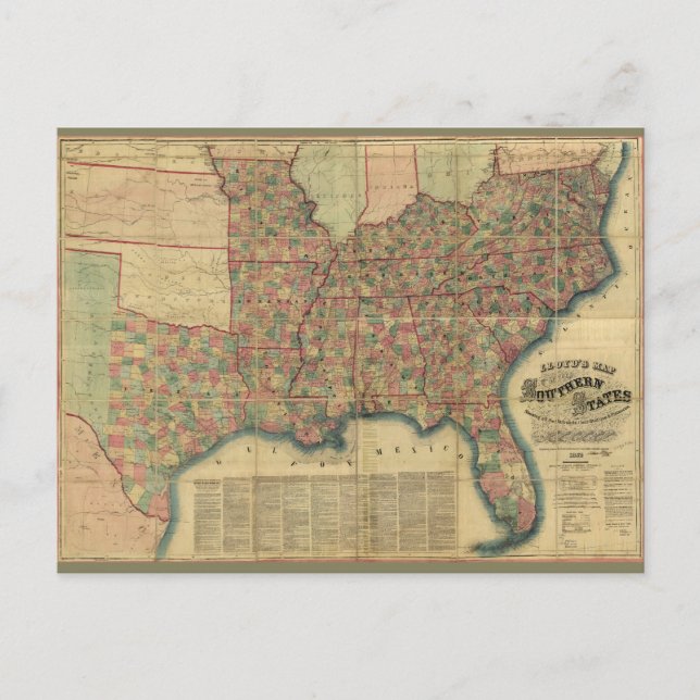 Krig södra Stater Karta av J. Lloyd (1862) Vykort (Framsida)