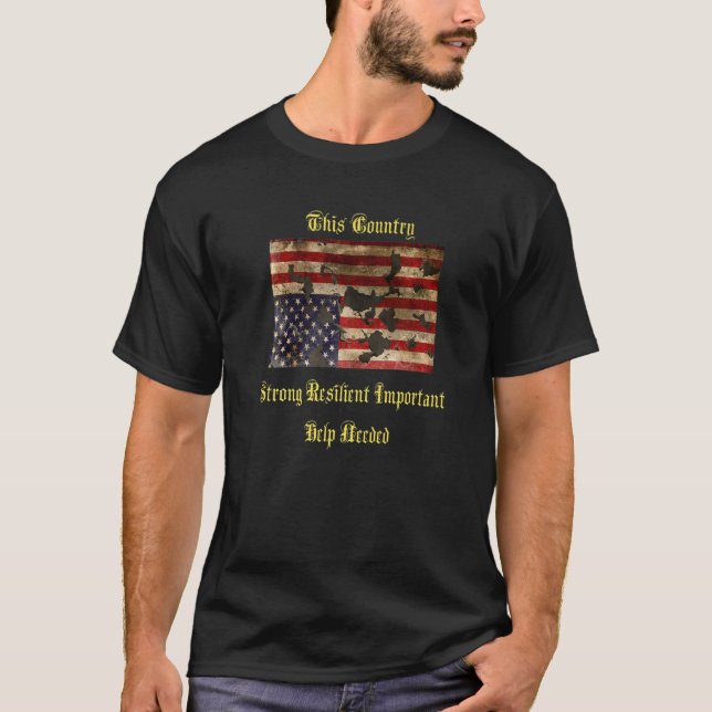 Krig Torn American Flagga Distress uppifrån och ne T Shirt (Framsida)