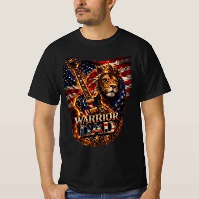 Krigar Daddy Lion Amerikansk Flagga Gitarr T-Shirt (Framsida)