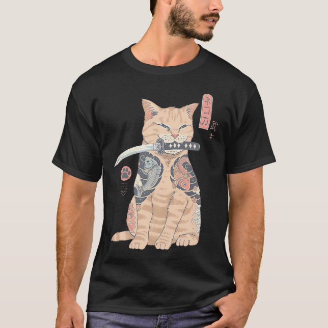 Krigar Katt Samuraj Katt Tatuering Konst T Shirt (Framsida)
