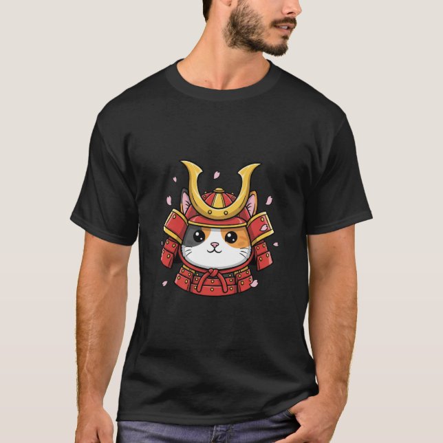 Krigare Samuraj Katt Ansikte Japansk Stil T Shirt (Framsida)