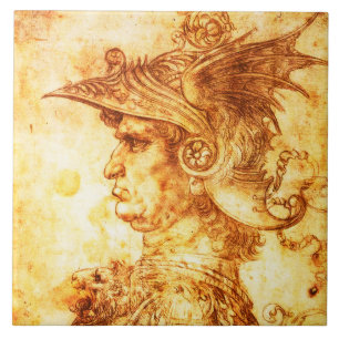 KRIGSPROFIL I DRAGON HELMET Sepia Teckning Kakelplatta