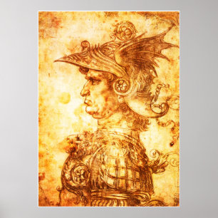 KRIGSPROFIL I DRAGON HELMET Sepia Teckning Poster