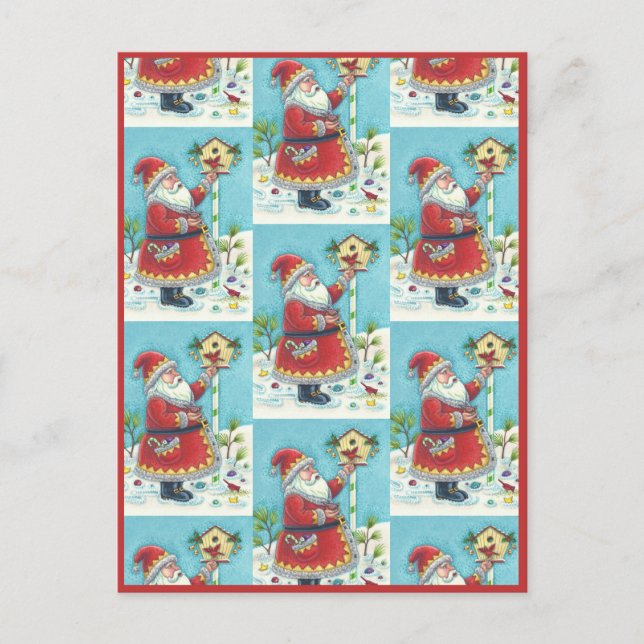 KRIS KRINGLE MATANDE REDBIRDS, CHRISTMAS BIRDHOUSE HELG VYKORT (Framsida)