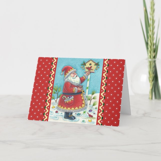 KRIS KRINGLE MATANDE REDBIRDS, CHRISTMAS BIRDHOUSE HELGKORT (Framsida)