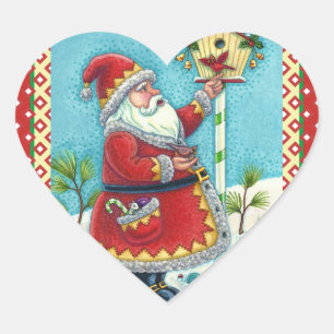 KRIS KRINGLE MATANDE REDBIRDS, CHRISTMAS BIRDHOUSE HJÄRTFORMAT KLISTERMÄRKE