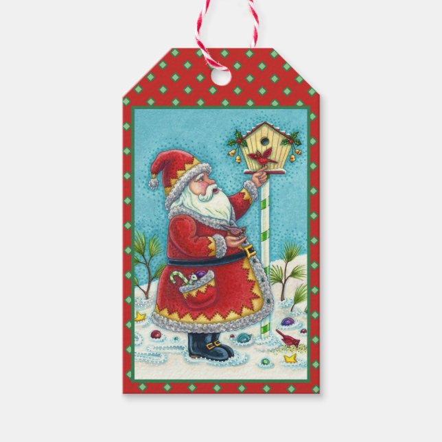 KRIS KRINGLE MATANDE REDBIRDS, CHRISTMAS BIRDHOUSE PRESENTETIKETT (Framsidan)