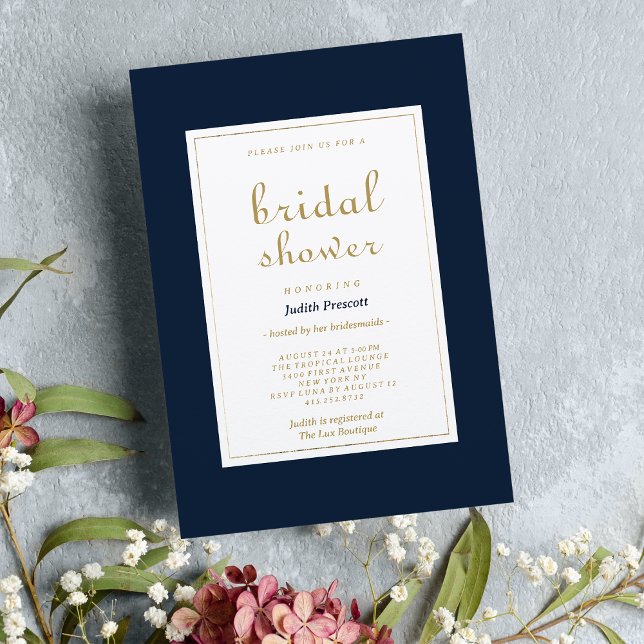 Krisgrafi för marin vintage, guld, Möhippa Inbjudningar (Navy blue gold vintage calligraphy Bridal Shower)