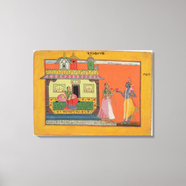 Krishna anländer till Radhas hus, illustration för Canvastryck (Framsida)