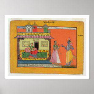 Krishna anländer till Radhas hus, illustration för Poster