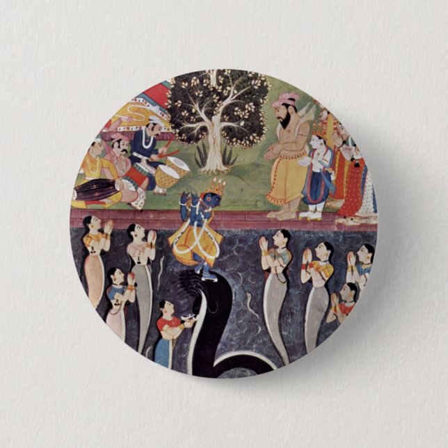 Krishna dansar över den underkuvade Kaliyaen Naag Knapp (Framsida)