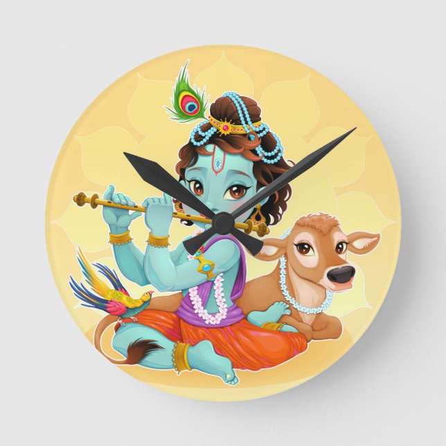 Krishna indisk gud som leker flöjtillustrationen rund klocka (Framsida)