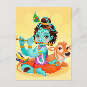 Krishna indisk gud som spelar flöjt illustration vykort