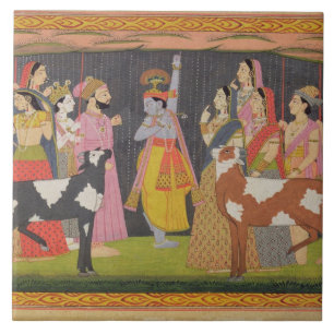Krishna-lyftberget Govardhana från "Bhagav" Kakelplatta