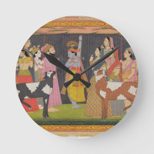 Krishna-lyftberget Govardhana från "Bhagav" Rund Klocka