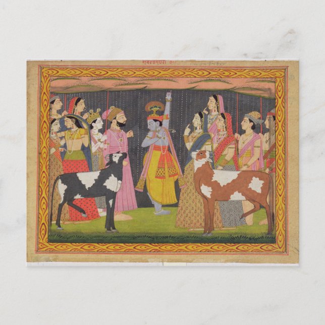 Krishna lyfter Mount Govardhana, från 'Bhagav Vykort (Framsida)