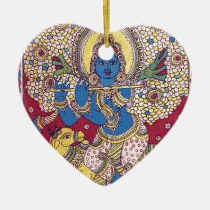 KRISHNA MED MÅLNING FÖR FLÖJT KALAMKARI JULGRANSPRYDNAD KERAMIK