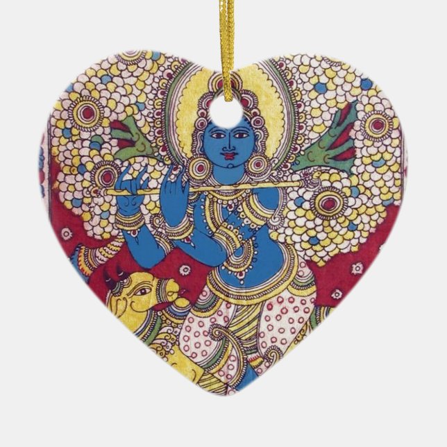 KRISHNA MED MÅLNING FÖR FLÖJT KALAMKARI JULGRANSPRYDNAD KERAMIK (Framsidan)