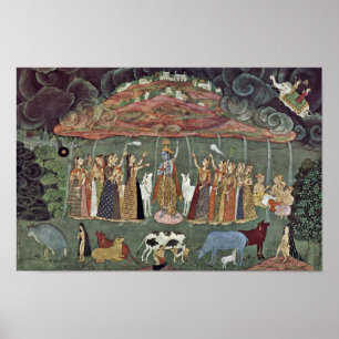 Krishna och Govardhan av Shahadin Poster