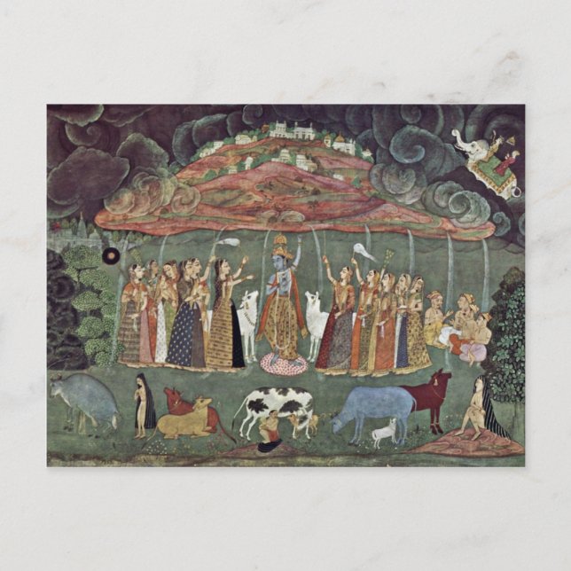 Krishna och Govardhan av Shahadin Vykort (Framsida)