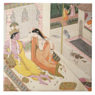Krishna och Radha på en säng i en Mogulslott, Pu Kakelplatta