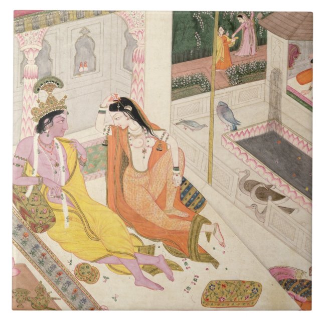 Krishna och Radha på en säng i en Mogulslott, Punj Kakelplatta (Framsidan)