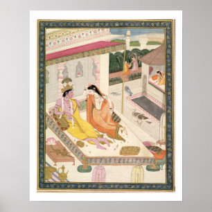 Krishna och Radha på en säng i en Mogulslott, Punj Poster