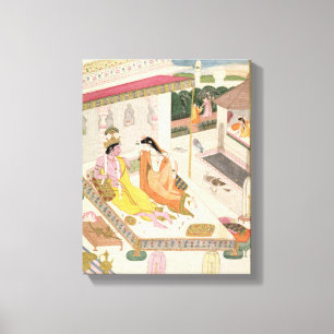 Krishna och Radha på en säng i ett Mogul palats, P Canvastryck