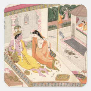 Krishna och Radha på en säng i ett Mogul palats, P Fyrkantigt Klistermärke
