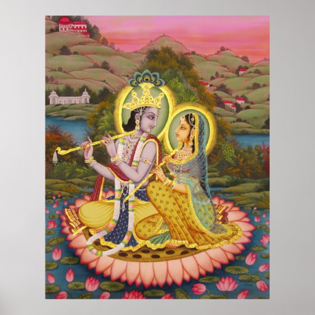 Krishna och Radha på Lotus - stor utskrift Poster (Framsidan)