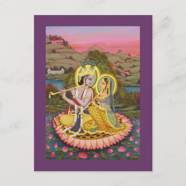 Krishna och Radha på lotus Vykort (Framsida)