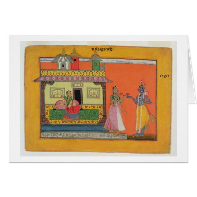 Krishna som ankommer på Radhas hus, illustration Hälsningskort (Framsidan Horizontal)